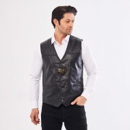 Black Embroidered Leather Vest - 100% Genuine Lamb Leather 