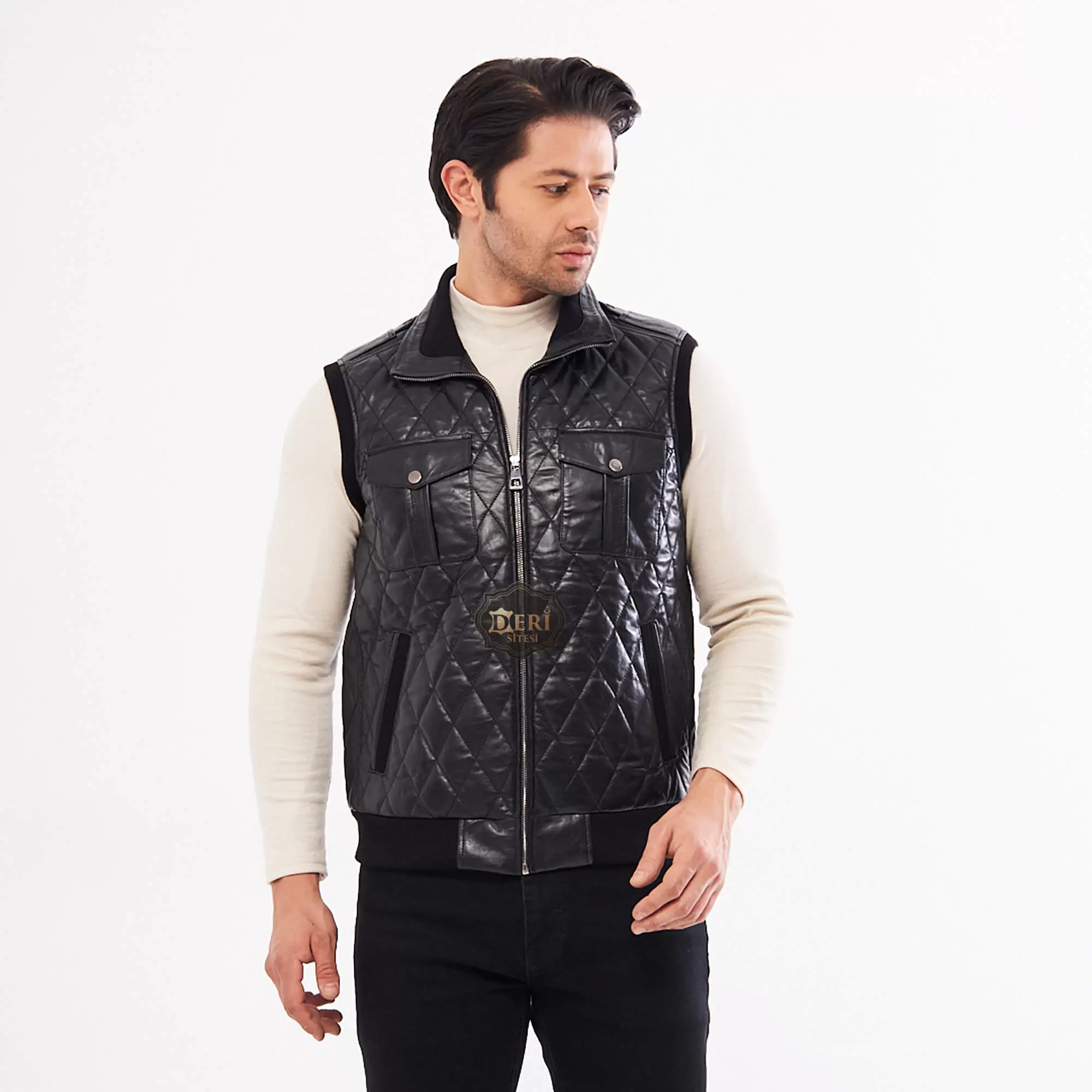 Black Men's Leather Vest | Quilted Diamond Pattern