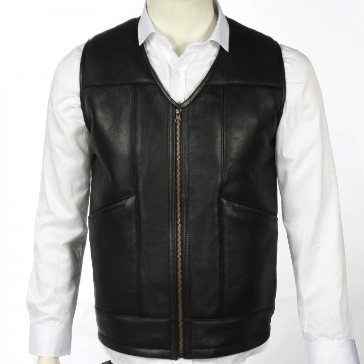 Genuine Lambskin Shearling Lined Men’s Leather Vest Men’s leather vest made from genuine lambskin with real shearling lining, zippered front, winter wear