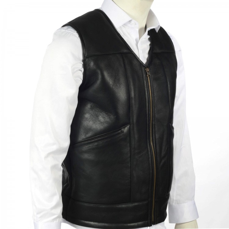 Genuine Lambskin Shearling Lined Men’s Leather Vest Men’s leather vest made from genuine lambskin with real shearling lining, zippered front, winter wear