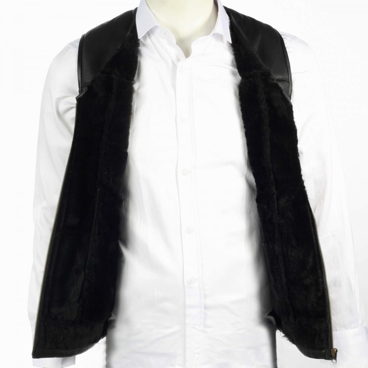 Genuine Lambskin Shearling Lined Men’s Leather Vest Men’s leather vest made from genuine lambskin with real shearling lining, zippered front, winter wear