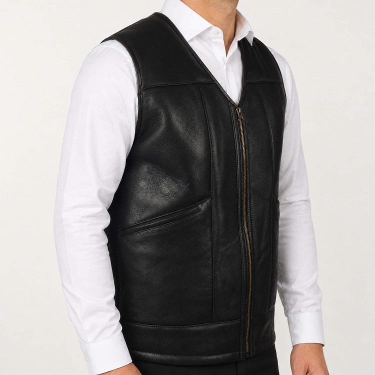 Genuine Lambskin Shearling Lined Men’s Leather Vest Men’s leather vest made from genuine lambskin with real shearling lining, zippered front, winter wear