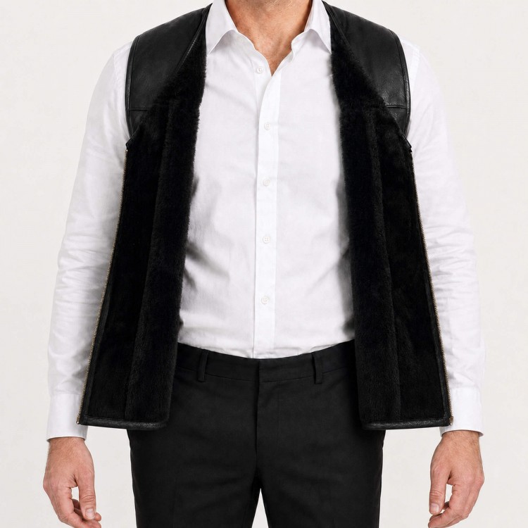 Genuine Lambskin Shearling Lined Men’s Leather Vest Men’s leather vest made from genuine lambskin with real shearling lining, zippered front, winter wear