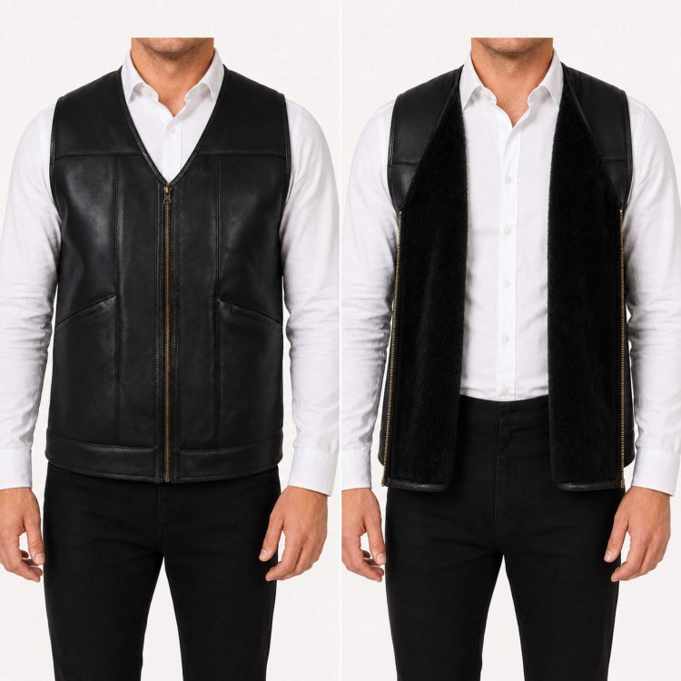 Genuine Lambskin Shearling Lined Men’s Leather Vest Men’s leather vest made from genuine lambskin with real shearling lining, zippered front, winter wear