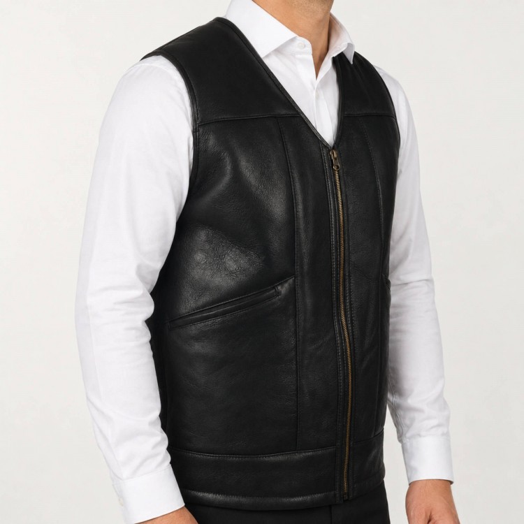 Genuine Lambskin Shearling Lined Men’s Leather Vest Men’s leather vest made from genuine lambskin with real shearling lining, zippered front, winter wear