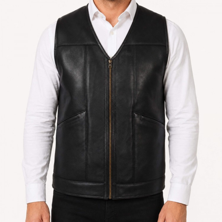 Genuine Lambskin Shearling Lined Men’s Leather Vest Men’s leather vest made from genuine lambskin with real shearling lining, zippered front, winter wear