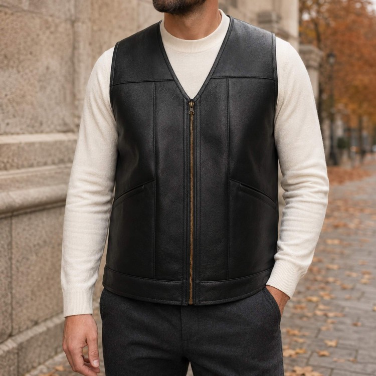 Genuine Lambskin Shearling Lined Men’s Leather Vest Men’s leather vest made from genuine lambskin with real shearling lining, zippered front, winter wear