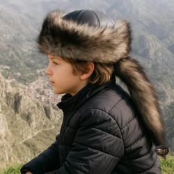Mongolian Kids Leather Hat with Wolf Fur Tail