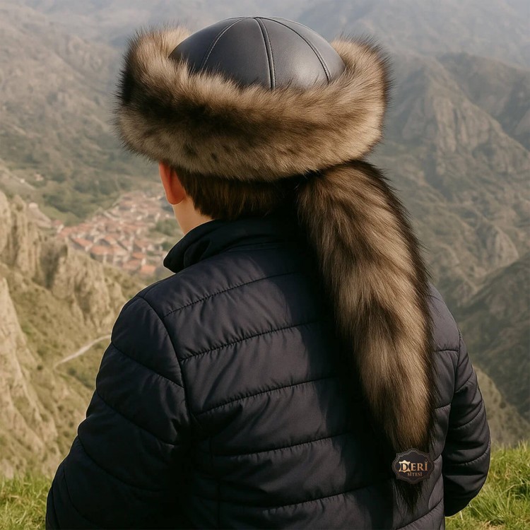 Mongolian Kids Leather Hat with Wolf Fur Tail Mongol Style Kids & Baby Leather Hat – Wolf Fur Pattern, Removable Tail