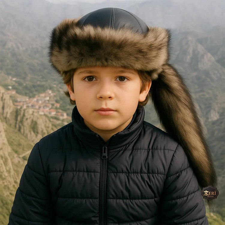 Mongolian Kids Leather Hat with Wolf Fur Tail Mongol Style Kids & Baby Leather Hat – Wolf Fur Pattern, Removable Tail