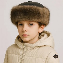 Burkut Ata Kids Leather Hat – Lamb Fur & Wolf Detail