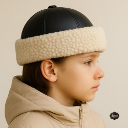 Boys’ Leather Fur Hat – Handmade Winter Hat with White Lamb Fur