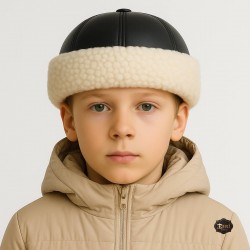 Boys’ Leather Fur Hat – Handmade Winter Hat with White Lamb Fur