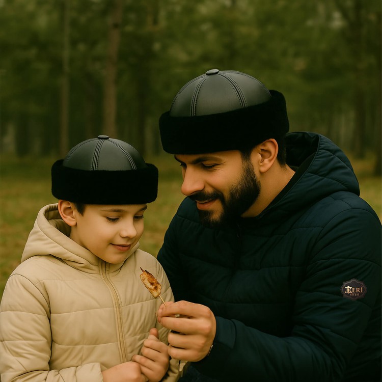 erkek çocuk siyah kürklü deri börk şapka