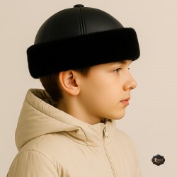 Boys’ Leather Fur Hat – Handmade Winter Hat with Black Lamb Fur