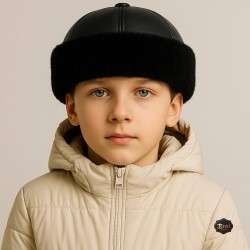 Boys’ Leather Fur Hat – Handmade Winter Hat with Black Lamb Fur