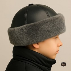 Boys’ Leather Fur Hat – Gray Lamb Lined Handmade Winter Cap
