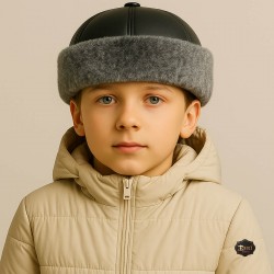 Boys’ Leather Fur Hat – Gray Lamb Lined Handmade Winter Cap
