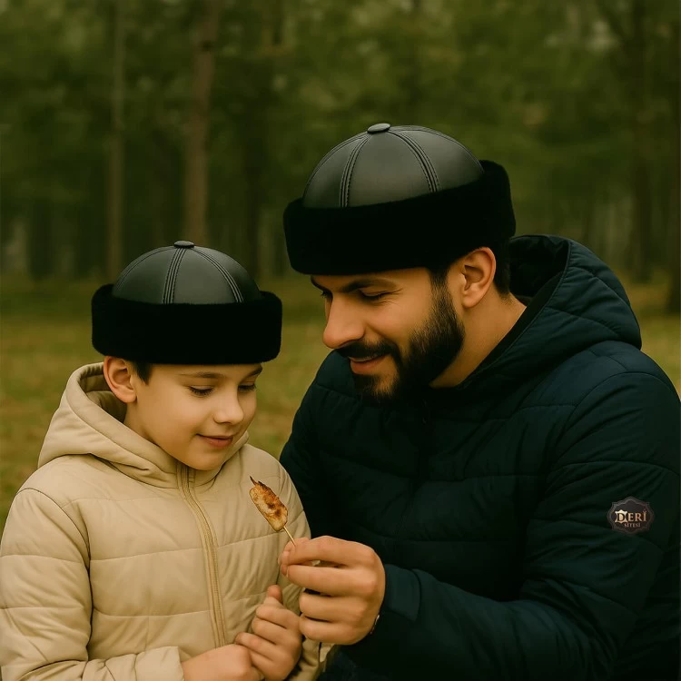 Erkek çocuk siyah deri börk şapka – hakiki kuzu derisi, siyah kuzu kürkü çevre ve iç astar, el yapımı geleneksel kışlık başlık modeli