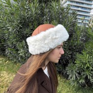 Kadın Taba Deri Kışlık Şapka – Beyaz Yapay Kürklü S194