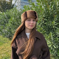 Kadın Siyah Deri Şapka – Camel Kahve Desenli Kürk S198