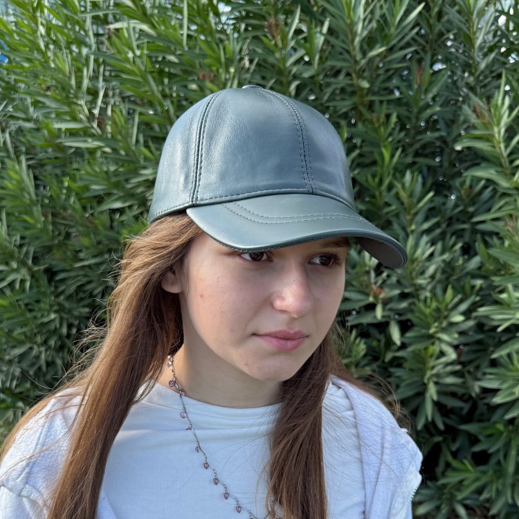 Women's olive green lambskin baseball cap with curved brim and adjustable back strap, S202