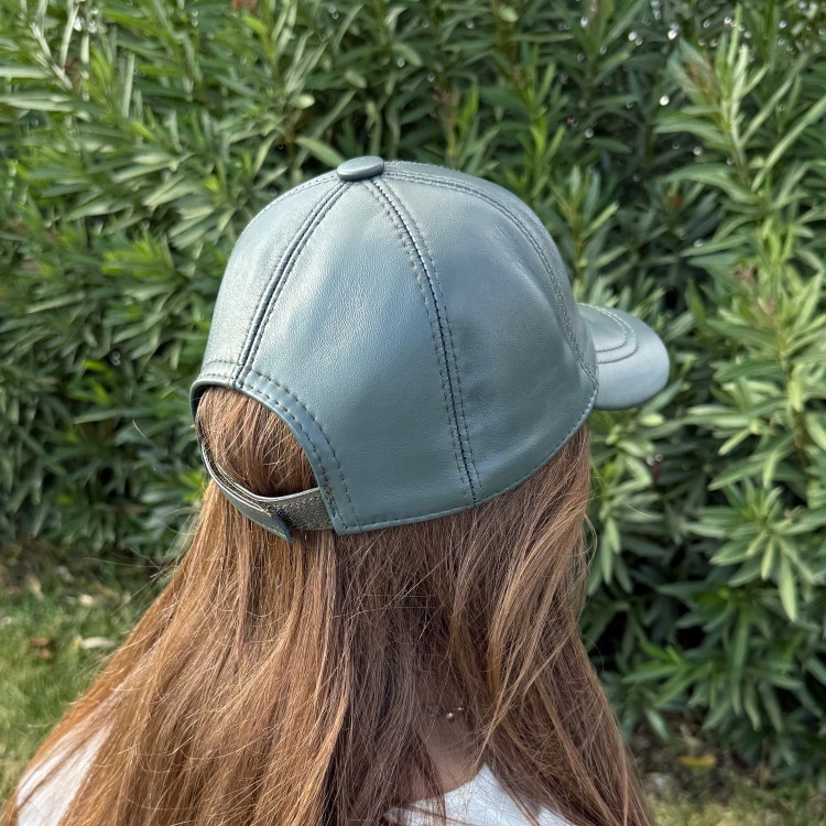 Women's olive green lambskin baseball cap with curved brim and adjustable back strap, S202