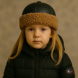 Girls’ Leather Hat – Light Brown Curly Fur, Handmade
