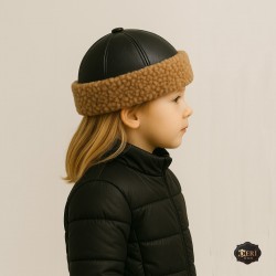Girls’ Leather Hat – Light Brown Curly Fur, Handmade