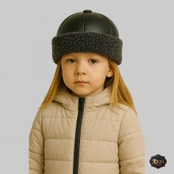 Kamru Girl Sheepskin Fur Hat – Winter Warm Grey Curly Lamb Trim, Black Leather Top, Handmade, Ages 1–15