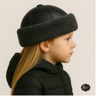 Kamru Girl Sheepskin Fur Hat – Winter Warm Grey Curly Lamb Trim, Black Leather Top, Handmade, Ages 1–15 Kamru Girl Sheepskin Fur Hat – Winter Warm Grey Curly Lamb Trim, Black Leather Top, Handmade, Ages 1–15