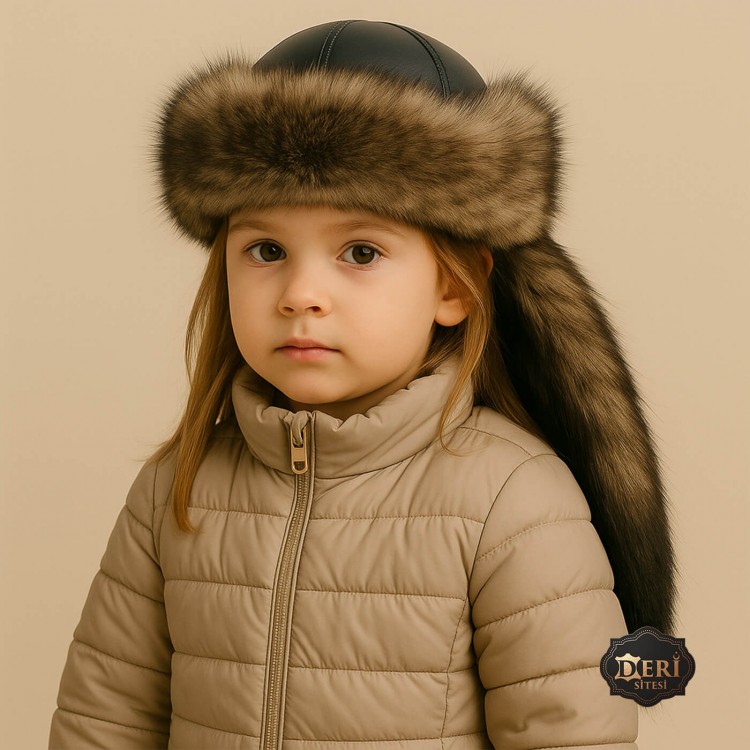 Mongolian Girls Kids Leather Hat with Wolf Fur Tail Mongol Style Girls Kids & Baby Leather Hat – Wolf Fur Pattern, Removable Tail
