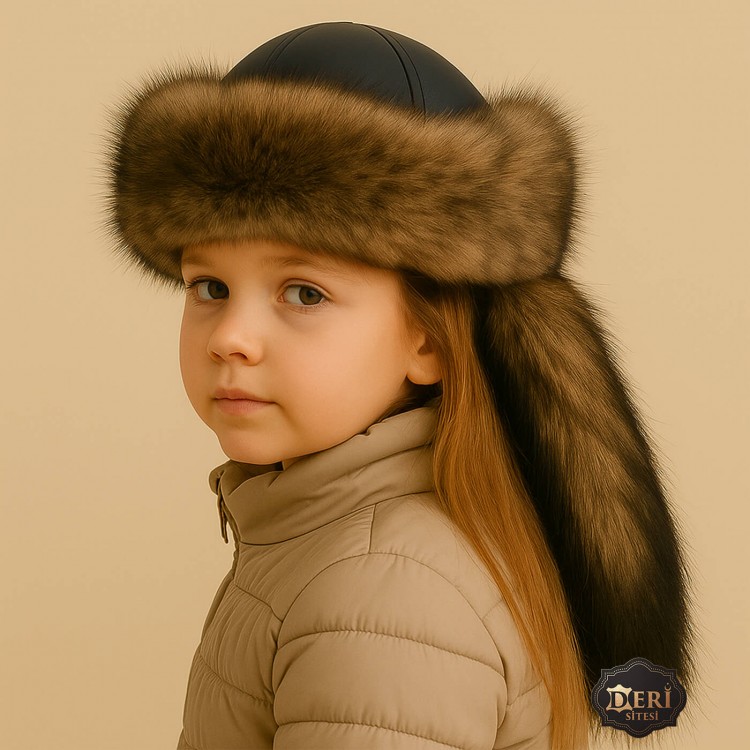 Mongolian Girls Kids Leather Hat with Wolf Fur Tail Mongol Style Girls Kids & Baby Leather Hat – Wolf Fur Pattern, Removable Tail