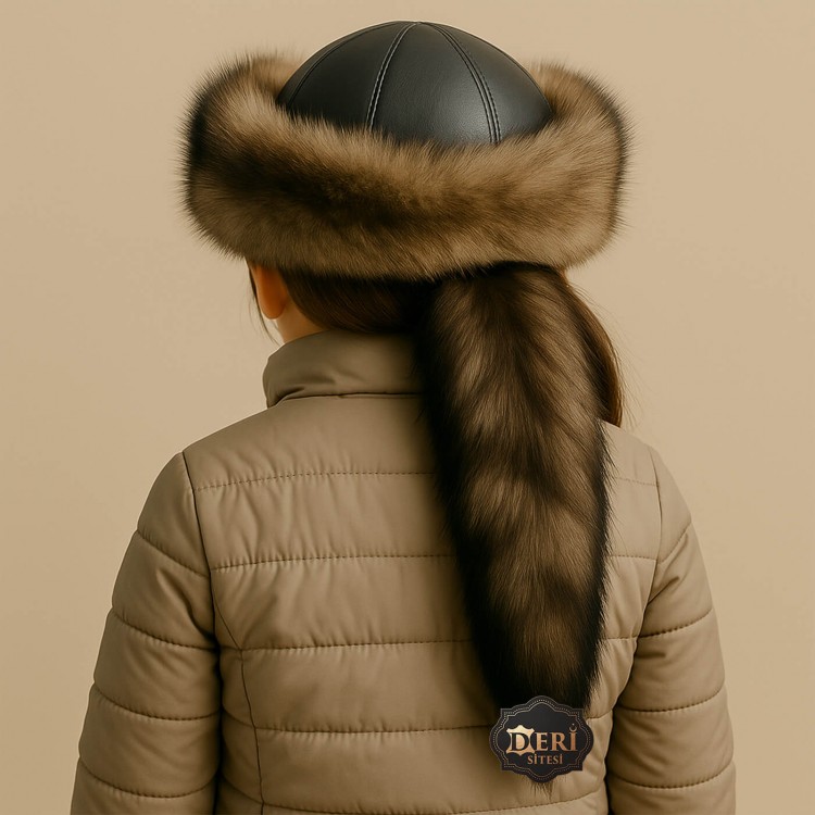 Mongolian Girls Kids Leather Hat with Wolf Fur Tail Mongol Style Girls Kids & Baby Leather Hat – Wolf Fur Pattern, Removable Tail