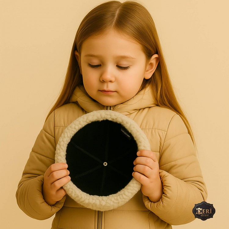 Girls’ Leather Fur Hat – Handmade Winter Hat with White Lamb Fur Girls’ winter hat with white sheepskin trim and black leather top – full fur lining