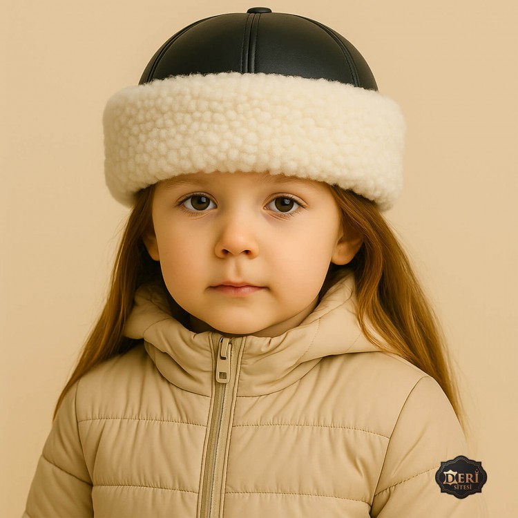 Girls’ Leather Fur Hat – Handmade Winter Hat with White Lamb Fur Girls’ winter hat with white sheepskin trim and black leather top – full fur lining