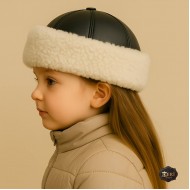 Girls’ White Fur Sheepskin Winter Hat – Black Leather Top, Fully Lined Girls’ White Fur Sheepskin Winter Hat – Black Leather Top, Fully Lined