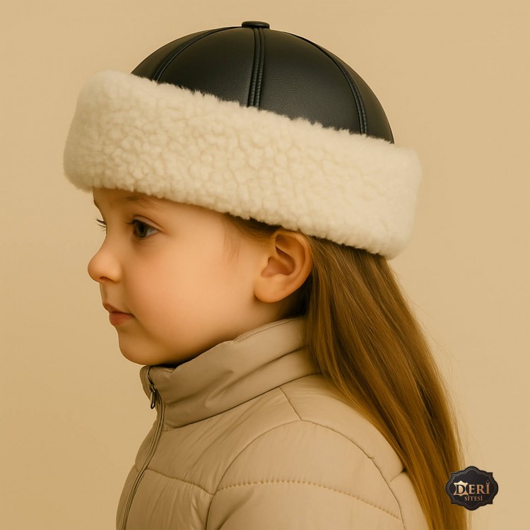 Girls’ Leather Fur Hat – Handmade Winter Hat with White Lamb Fur Girls’ winter hat with white sheepskin trim and black leather top – full fur lining