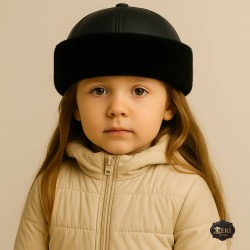 Girls’ Winter Leather Fur Hat – Sheepskin Lined, Full Black Cold Weather Cap