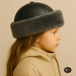 Girls' Sheepskin Leather Winter Hat – Grey Fur Trim, Fully Lined Cold Weather Cap