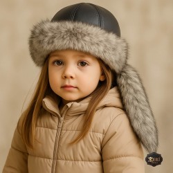 Girls’ Winter Sheepskin Leather Hat – Grey Wolf-Style Fur Tail & Full Lining