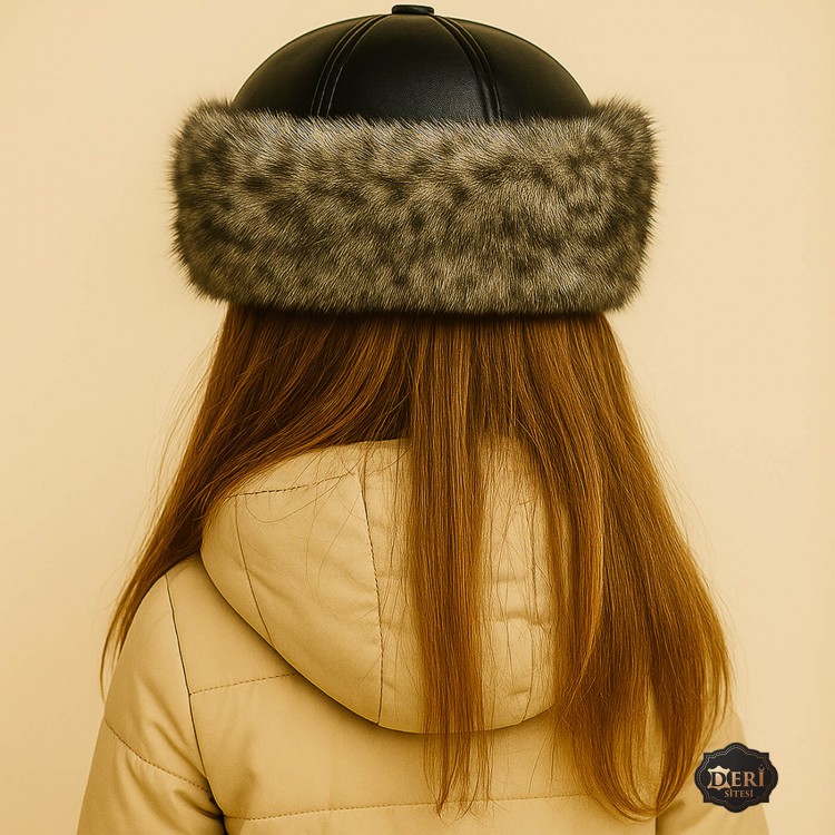 Girls’ Winter Leather Hat – Grey Wolf Fur Trim Girls’ winter hat with grey wolf fur trim and black lamb leather top – lined with sheepskin fleece