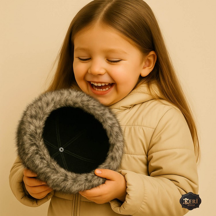Girls’ Winter Leather Hat – Grey Wolf Fur Trim Girls’ winter hat with grey wolf fur trim and black lamb leather top – lined with sheepskin fleece