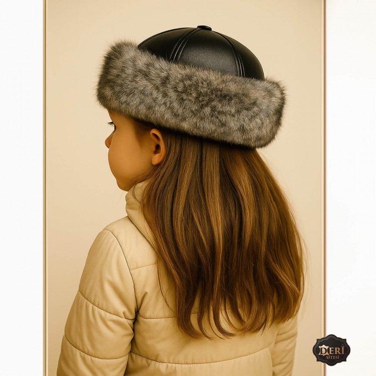 Girls’ Winter Leather Hat – Grey Wolf Fur Trim Girls’ winter hat with grey wolf fur trim and black lamb leather top – lined with sheepskin fleece