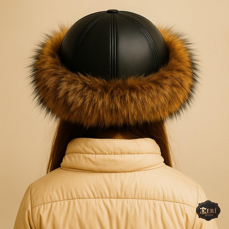 Girls’ Faux Fur Sheepskin Hat – Winter Leather Cap Girls’ winter hat with black lamb leather top, faux wolf fur trim, and natural sheepskin lining