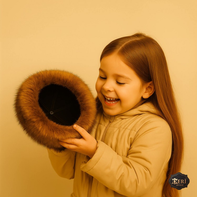 Girls’ Faux Fur Sheepskin Hat – Winter Leather Cap Girls’ winter hat with black lamb leather top, faux wolf fur trim, and natural sheepskin lining