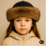 Girls’ Winter Leather Hat with Faux Wolf Fur & Sheepskin Lining