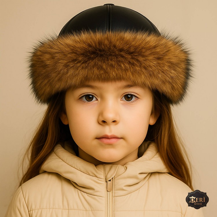 Girls’ Faux Fur Sheepskin Hat – Winter Leather Cap Girls’ winter hat with black lamb leather top, faux wolf fur trim, and natural sheepskin lining