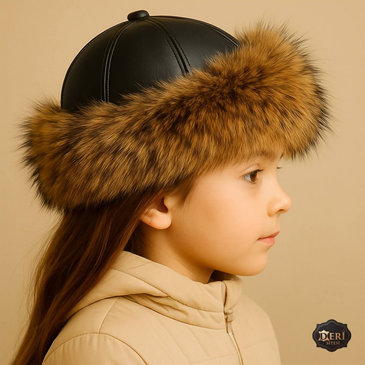 Girls’ Faux Fur Sheepskin Hat – Winter Leather Cap Girls’ winter hat with black lamb leather top, faux wolf fur trim, and natural sheepskin lining