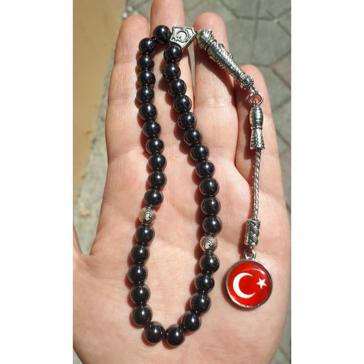 Ay Yıldız Mineli Püsküllü Hakiki Doğal Taş Hematit Tespih-04 Ay Yıldız Mineli Püsküllü Hakiki Doğal Taş Hematit Tespih-04
